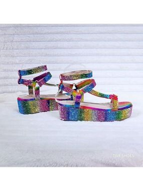 2" Platform Rainbow Rhinestone Comfy Dazzling Harness Sandals Mia